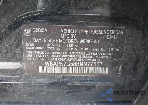 2011 BMW 328I xDrive z USA, uszkodzony, nr VIN WBAPK7G58BNN77557